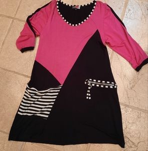Funky color block a-line knit Dress S fushia & black